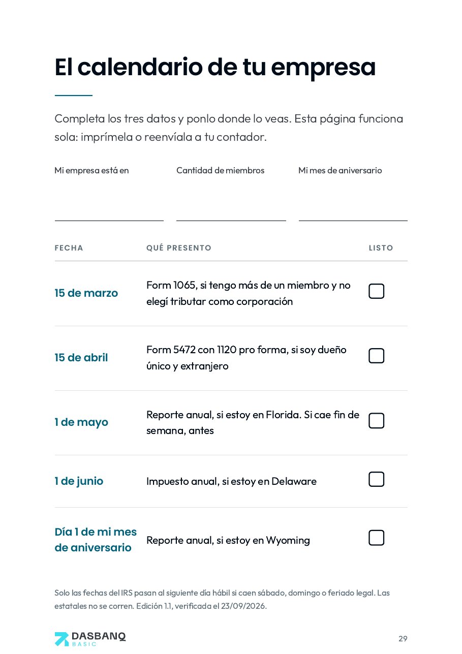 Pág. 29 de la guía: El póster con el calendario de tu empresa